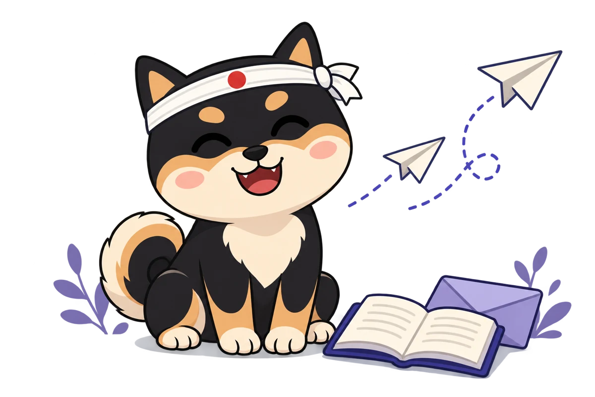 Shiba Kuro ngồi cạnh quyển sách đang mở và phong bì, phía trên là những chiếc máy bay giấy.